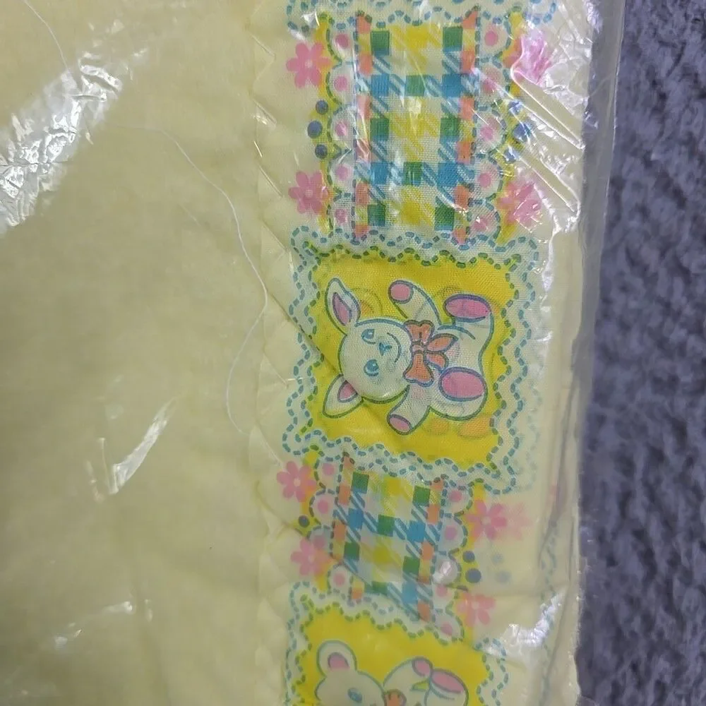 Vintage 80s Baby Blanket Beacon Bunny Teddy Bear Floral Yellow USA 40